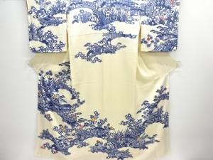 栗山吉三郎作　縮緬地　京紅型　家屋に草花模様訪問着